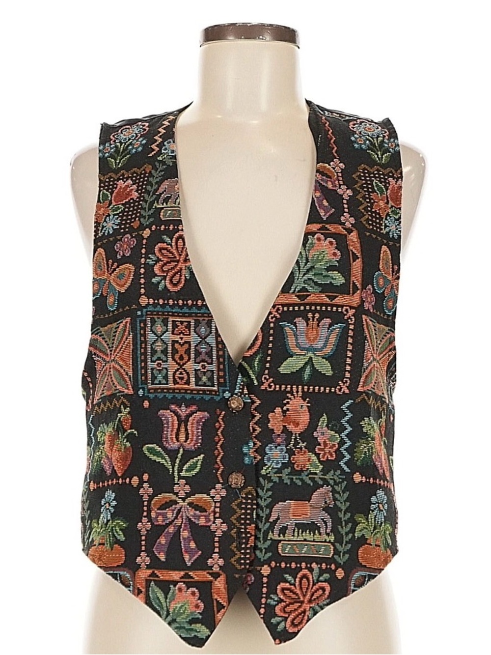 Vintage 90s Tapestry Embroidered Floral Patchwork Vest - Black Multicolor